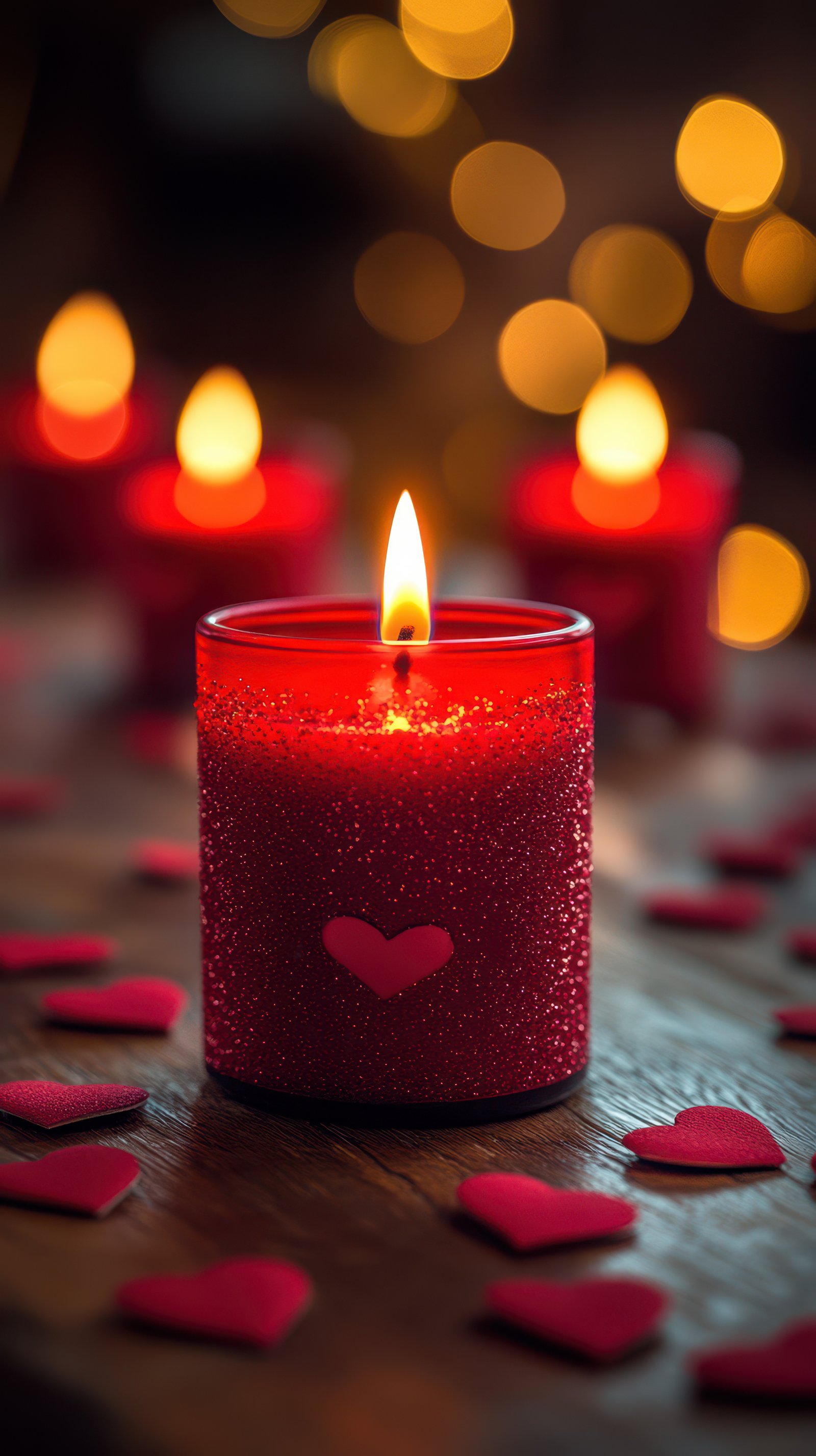 Romantic candlelight setting with red candles and heart decorations during an intimate evening